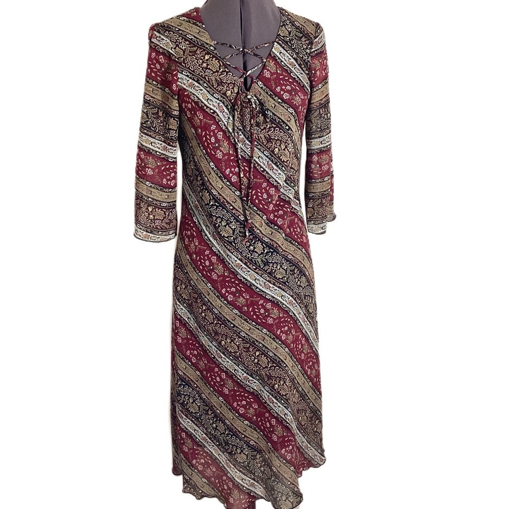 Y2K Vtg Striped Paisley Lace Up Midi Dress Size 6 - Picture 2 of 16
